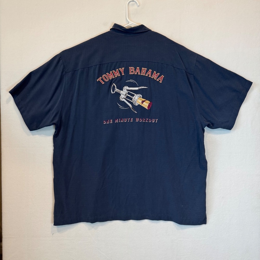 Tommy Bahama One Minute Workout Silk Camp Shirt Mens XXL Navy Blue Corkscrew